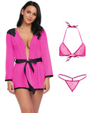 Xs and Os Women's Combo Babydoll Nightwear belted robe with panty and Bikini Bra & G-String Thong
