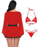 Xs and Os Women's Combo Babydoll Nightwear belted robe with panty and Bikini Bra & G-String Thong