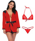 Xs and Os Women's Combo Babydoll Nightwear belted robe with panty and Bikini Bra & G-String Thong