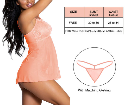 Xs and Os Women Lace Straight Scalloped Neck Babydoll lingerie with g-string panty