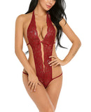 Xs and Os Women Babydoll Lingerie Deep V Halter Lace Babydoll Mini Bodysuit (Apricot)