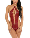 Xs and Os Women Babydoll Lingerie Deep V Halter Lace Babydoll Mini Bodysuit (Apricot)