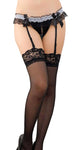 Xs and Os Women's Lace Garter Belt with attached panty and Sheer Lace Top Stockings Lingerie Set