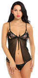 Xs and Os Women Sheer Babydoll Lingerie Set with Lace Cups and Matching G-string Panty Black