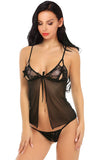 Xs and Os Women Sheer Babydoll Lingerie Set with Lace Cups and Matching G-string Panty Black