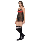 Xs and Os Black Babydoll Lingerie with g-string panty and over-the-Knee long stockings