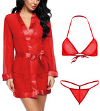 Women sexy see through babydoll nightwear robe with bra panty lingerie set