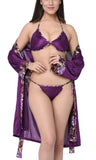 Women satin nightwear robe with bra panty lingerie set
