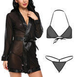 Women sexy see through babydoll nightwear robe with bra panty lingerie set