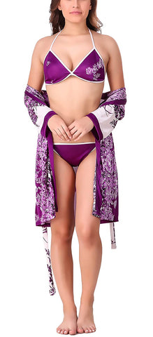 women satin robe nightwear with bra panty set