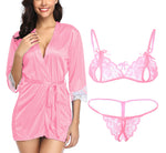 Women satin robe with lace bra panty lingerie set