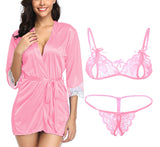 Women satin robe with lace bra panty lingerie set