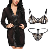 Women sexy see through babydoll nightwear robe with animal print bra panty lingerie set