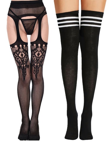 Combo of women fishnet stocking and over the knee high socks