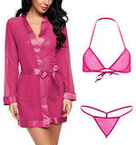 Women sexy see through babydoll nightwear robe with bra panty lingerie set