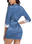 Xs and Os Women Satin Robe Nightwear with Lace Bordered Sleeves (Blue, Stone