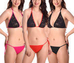 Xs and Os Pack of 3 Women Bikini Lace Bra Panty Lingerie Set (Black Red Pink, Free Size)