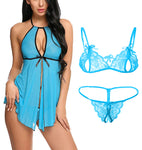 Xs and Os Women Open Front Babydoll Nightwear with Lace Bra Panty Lingerie Set Combo