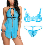 Xs and Os Women Open Front Babydoll Nightwear with Lace Bra Panty Lingerie Set Combo