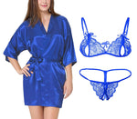 Xs and Os Women's Satin Robe and Lace Bra Panty Lingerie Set Combo (Royal Blue, Royal Blue)