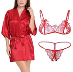 Xs and Os Women's Satin Robe and Lace Bra Panty Lingerie Set Combo (Red-Red)