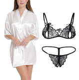 Xs and Os Women's Satin Robe and Lace Bra Panty Lingerie Set Combo ( White-Black)