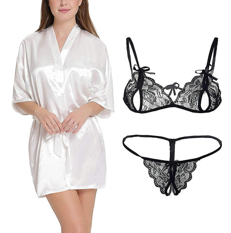 Xs and Os Women's Satin Robe and Lace Bra Panty Lingerie Set Combo ( White-Black)