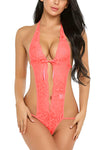 Xs and Os Women Babydoll Lingerie Deep V Halter Lace Babydoll Mini Bodysuit (Candy Coral)