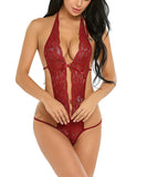 Xs and Os Women Babydoll Lingerie Deep V Halter Lace Babydoll Mini Bodysuit