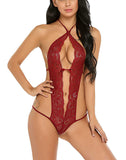 Xs and Os Women Babydoll Lingerie Deep V Halter Lace Babydoll Mini Bodysuit