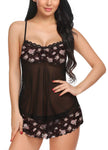 Xs and Os Women Lace Nightwear Babydoll Lingerie Nightie with Panty (Black ,Floral)