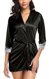 Xs and Os Women Satin Robe Nightwear with Lace Bordered Sleeves (Black)
