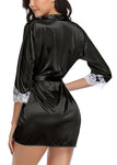 Xs and Os Women Satin Robe Nightwear with Lace Bordered Sleeves (Black)