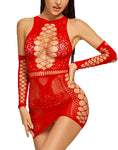 Women red fishnet bodysuit babydoll lingerie with sleeves