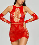 Women red fishnet bodysuit babydoll lingerie with sleeves
