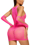 Women rose pink fishnet bodysuit babydoll lingerie with sleeves